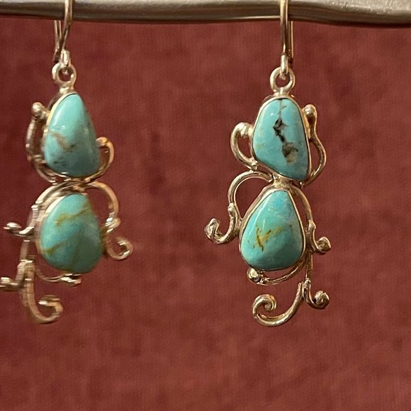 Mexico 925 Silver Turquoise Dangle Earrings - Picture 2 of 8
